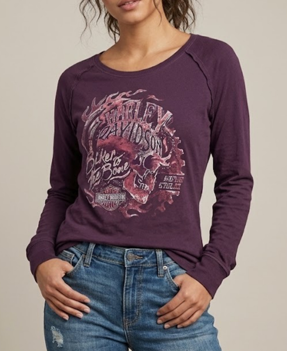 Harley Davidson Shirt Womens Medium Purple Long Sleeve Biker To The Bone Pelham